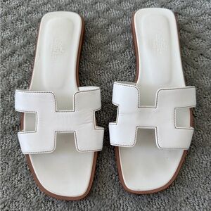 Hermes White Leather H Slide Sandals